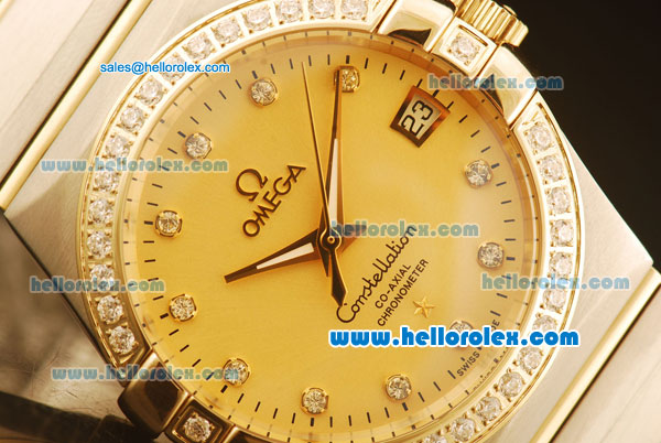 Omega Constellation Swiss ETA 2824 Automatic Steel Case with Yellow Gold Dial and Diamond Markers/Bezel - Click Image to Close