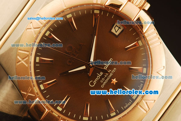 Omega Constellation Co-Axial Swiss ETA 2824 Automatic Steel Case with Rose Gold Bezel and Brown MOP Dial-Two Tone Bracelet(35mm) - Click Image to Close