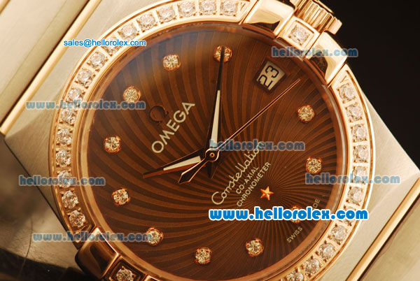 Omega Constellation Swiss ETA 2824 Automatic Steel Case with Rose Gold Bezel and Diamond Markers/Bezel-Brown Stripe Dial(35mm) - Click Image to Close