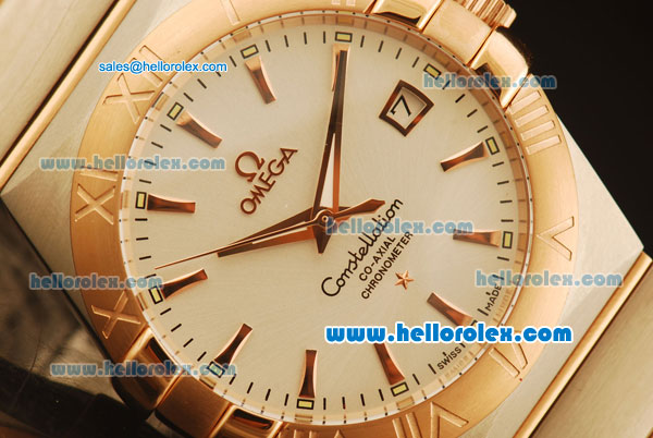 Omega Constellation Co-Axial Swiss ETA 2824 Automatic Steel Case with Rose Gold Bezel and Rose Gold Stick Markers-White Dial - Click Image to Close