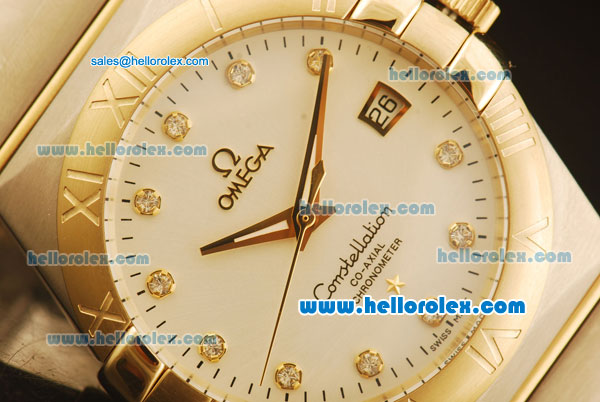 Omega Constellation Co-Axial Swiss ETA 2824 Automatic Steel Case with Yellow Gold Bezel and Diamond Markers-White Dial - Click Image to Close