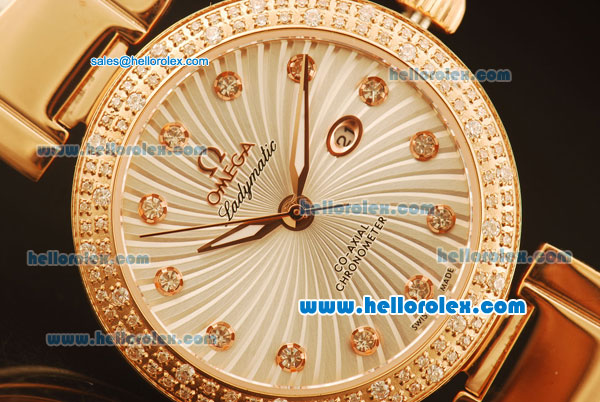 Omega Ladymatic Quartz Rose Gold Case with Diamond Bezel and White Leather Strap - Click Image to Close