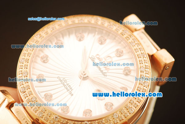 Omega Ladymatic Quartz Rose Gold Case with Diamond Bezel and White Leather Strap - Click Image to Close