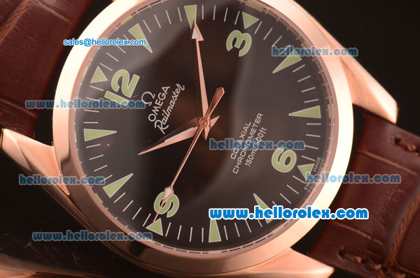 Omega Railmaster Swiss ETA 2836 Automatic Rose Gold Case with Black Dial and Brown Leather Strap - Click Image to Close