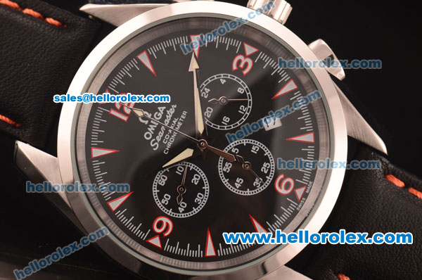Omega Seamaster Chronograph Quartz Steel Case with Black Dial and Black Leather Strap- 7750 Coating - Click Image to Close