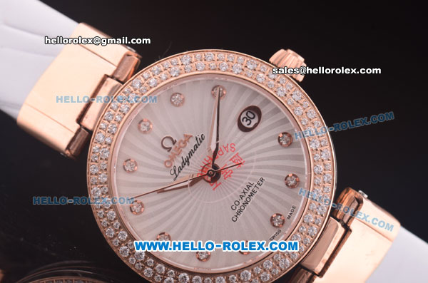 Omega Ladymatic Quartz Rose Gold Case with Diamond Bezel and White Leather Strap-Diamond Markers - Click Image to Close