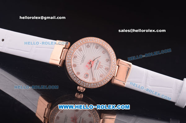 Omega Ladymatic Quartz Rose Gold Case with Diamond Bezel and White Leather Strap-Diamond Markers - Click Image to Close