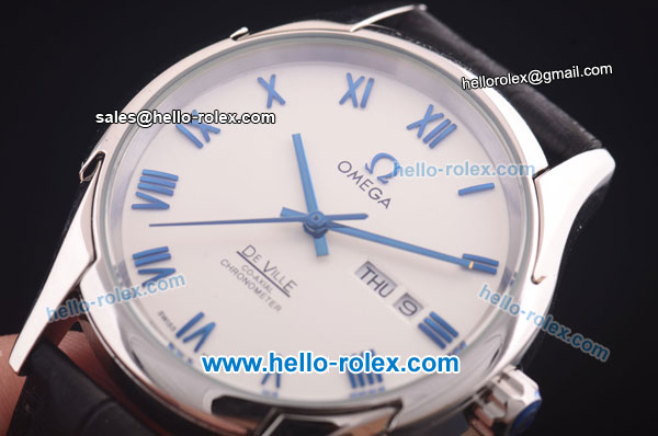 Omega De Ville Automatic Steel Case with White Dial and Black Leather Strap - Click Image to Close