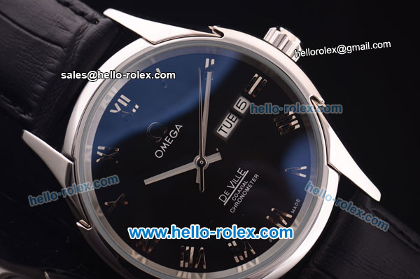 Omega De Ville Automatic Steel Case with Black Dial and Black Leather Strap-Black Roman Markers - Click Image to Close