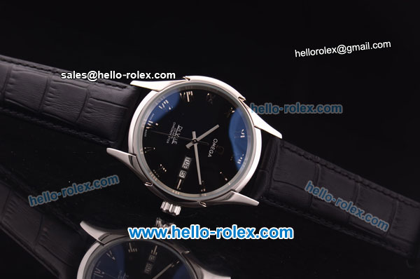Omega De Ville Automatic Steel Case with Black Dial and Black Leather Strap-Black Roman Markers - Click Image to Close