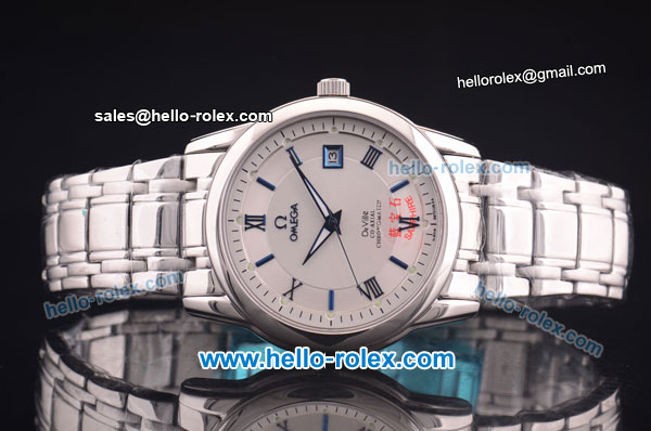 Omega De Ville Automatic Full Steel with White Dial and Blue Roman Markers - Click Image to Close