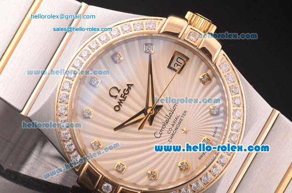 Omega Constellation Co-Axial Swiss ETA 2824 Automatic Two Tone Case with White Sunlight Linear Dial and Diamond Bezel/Markers - Click Image to Close
