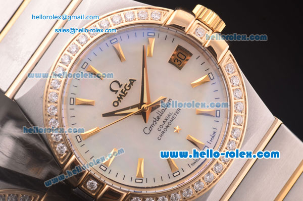 Omega Constellation Co-Axial Swiss ETA 2824 Automatic Two Tone Case with Diamond Bezel and White MOP Dial - Click Image to Close