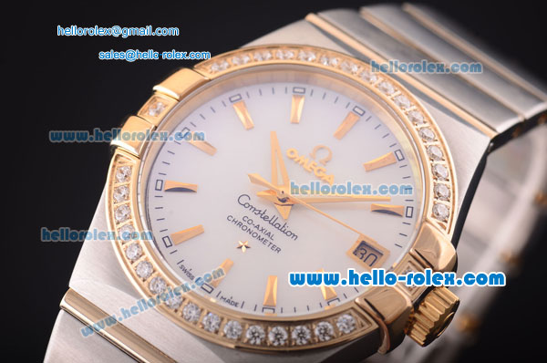 Omega Constellation Co-Axial Asia 2813 Automatic Two Tone Case with Diamond Bezel and White MOP Dial - Click Image to Close