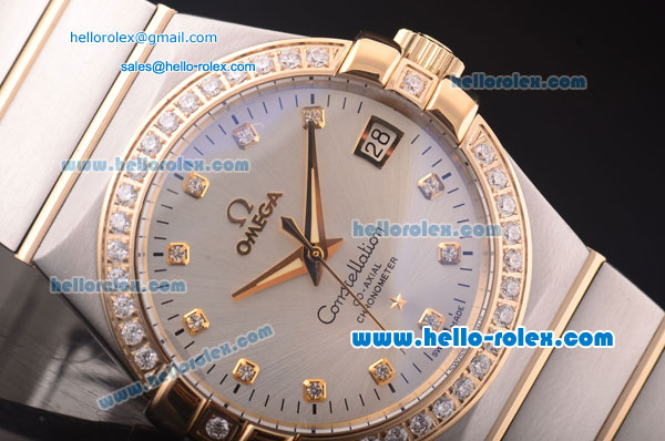Omega Constellation Co-Axial Asia 2813 Automatic Two Tone Case with Diamond Bezel/Markers and White Dial - Click Image to Close