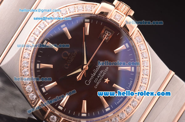 Omega Constellation Co-Axial Swiss ETA 2824 Automatic Steel Case with Rose Gold/Diamond Bezel and Brown Dial - Click Image to Close