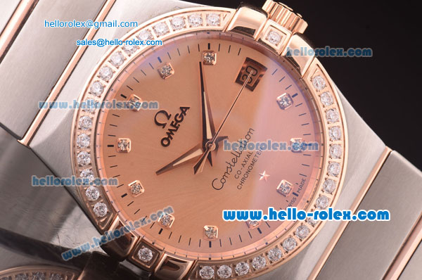 Omega Constellation Co-Axial Swiss ETA 2824 Automatic Two Tone Case with Diamond Bezel/Markers and Rose Gold Dial - Click Image to Close