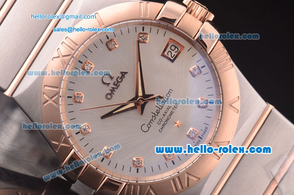 Omega Constellation Co-Axial Asia 2813 Automatic Steel Case with Rose Gold Bezel and Silver Dial-Diamond Markers - Click Image to Close