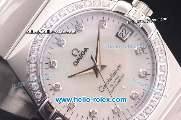 Omega Constellation Co-Axial Swiss ETA 2824 Automatic Full Steel with Diamond Bezel and White MOP Dial - Click Image to Close