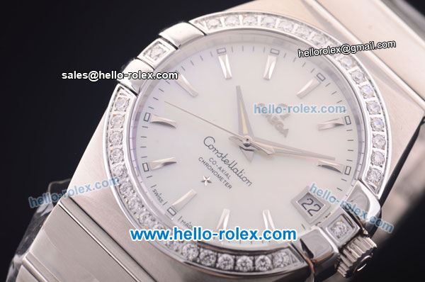Omega Constellation Co-Axial Swiss ETA 2824 Automatic Full Steel with Diamond Bezel and White MOP Dial-Stick Markers - Click Image to Close
