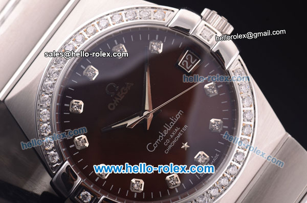 Omega Constellation Co-Axial Swiss ETA 2824 Automatic Full Steel with Diamond Bezel and Brown Dial-Diamond Markers - Click Image to Close