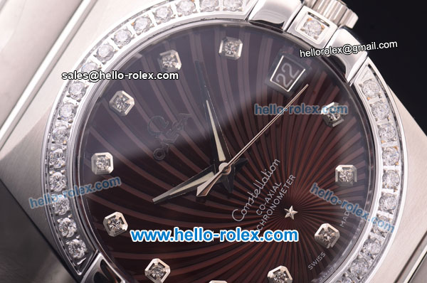 Omega Constellation Co-Axial Swiss ETA 2824 Automatic Full Steel with Diamond Bezel and Brown Stripy Dial-Diamond Markers - Click Image to Close