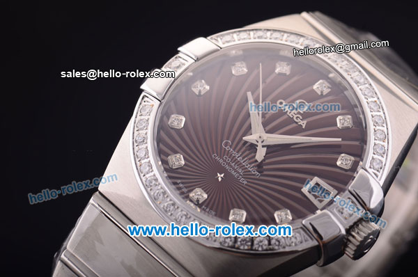 Omega Constellation Co-Axial Swiss ETA 2824 Automatic Full Steel with Diamond Bezel and Brown Stripy Dial-Diamond Markers - Click Image to Close