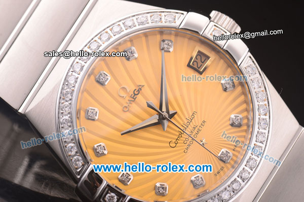 Omega Constellation Co-Axial Swiss ETA 2824 Automatic Full Steel with Diamond Bezel and Yellow Stripy Dial-Diamond Markers - Click Image to Close