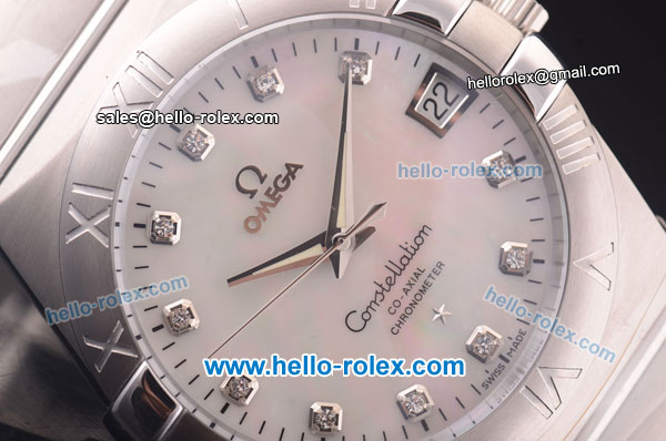 Omega Constellation Co-Axial Swiss ETA 2824 Automatic Full Steel Case with White MOP Dial and Diamond Markers - Click Image to Close
