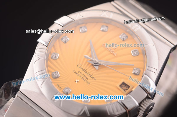 Omega Constellation Co-Axial Swiss ETA 2824 Automatic Full Steel with Yellow Stripy Dial and Silver Stick Markers - Click Image to Close