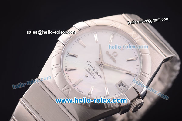 Omega Constellation Co-Axial Swiss ETA 2824 Automatic Full Steel Case with White MOP Dial and Silver Stick Markers - Click Image to Close