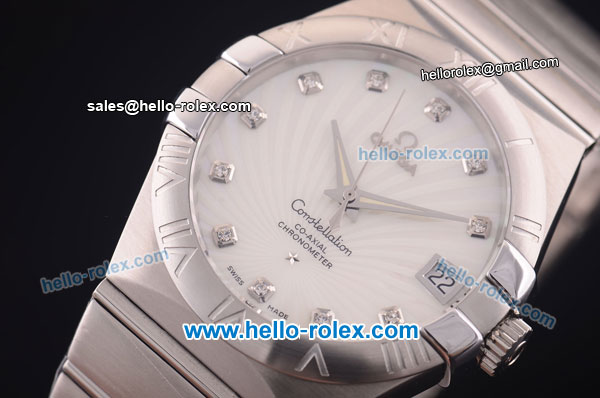 Omega Constellation Co-Axial Swiss ETA 2824 Automatic Full Steel Case with White Stripy Dial and Diamond Markers - Click Image to Close
