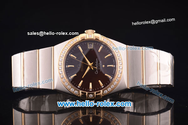 Omega Constellation Co-Axial Swiss ETA 2824 Automatic Steel Case with Yellow Gold/Diamond Bezel and Brown Dial - Click Image to Close