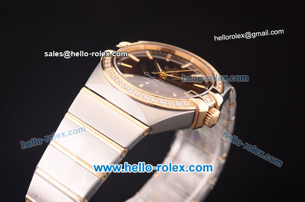Omega Constellation Co-Axial Swiss ETA 2824 Automatic Steel Case with Yellow Gold/Diamond Bezel and Brown Dial - Click Image to Close