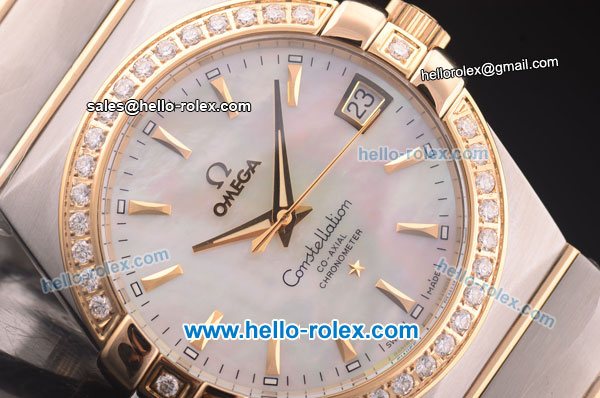 Omega Constellation Co-Axial Swiss ETA 2824 Automatic Steel Case with Yellow Gold/Diamond Bezel and White MOP Dial - Click Image to Close