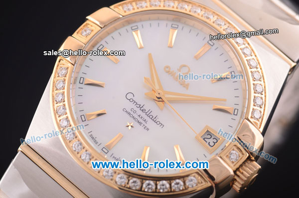 Omega Constellation Co-Axial Swiss ETA 2824 Automatic Steel Case with Yellow Gold/Diamond Bezel and White MOP Dial - Click Image to Close