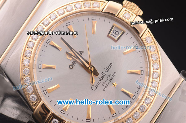 Omega Constellation Co-Axial Swiss ETA 2824 Automatic Steel Case with Yellow Gold/Diamond Bezel and Silver Dial-Yellow Gold Markers - Click Image to Close