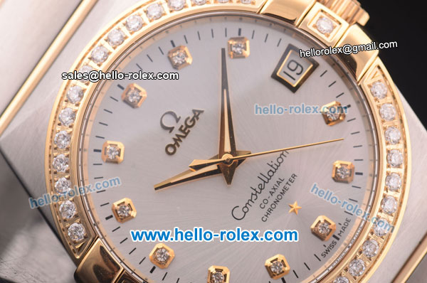 Omega Constellation Co-Axial Swiss ETA 2824 Automatic Steel Case with Yellow Gold/Diamond Bezel and Silver Dial-Diamond Markers - Click Image to Close