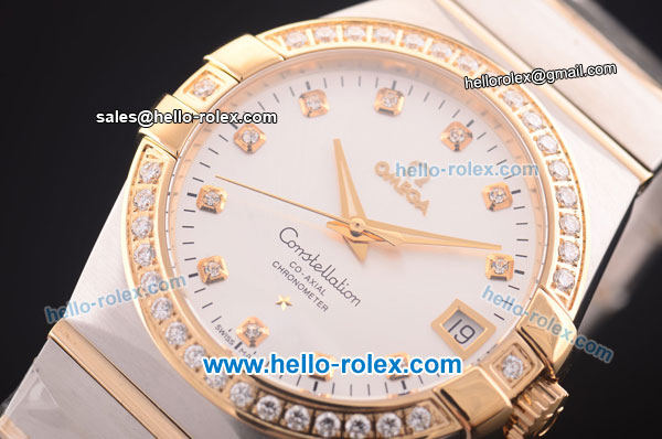 Omega Constellation Co-Axial Swiss ETA 2824 Automatic Steel Case with Yellow Gold/Diamond Bezel and Silver Dial-Diamond Markers - Click Image to Close