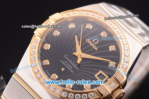 Omega Constellation Co-Axial Swiss ETA 2824 Automatic Steel Case with Yellow Gold/Diamond Bezel and Grey Stripy Dial-Diamond Markers - Click Image to Close
