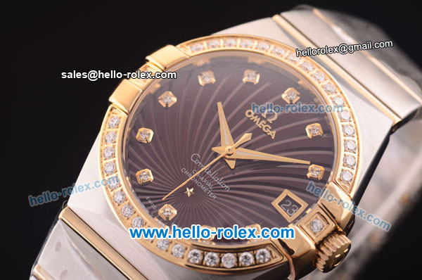Omega Constellation Co-Axial Swiss ETA 2824 Automatic Steel Case with Yellow Gold/Diamond Bezel and Brown Stripy Dial-Diamond Markers - Click Image to Close
