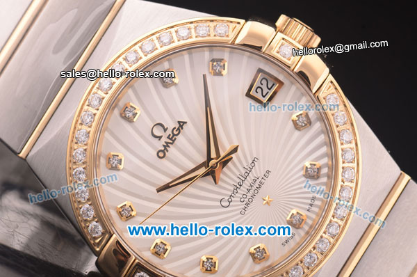 Omega Constellation Co-Axial Swiss ETA 2824 Automatic Steel Case with Yellow Gold/Diamond Bezel and White Stripy Dial-Diamond Markers - Click Image to Close