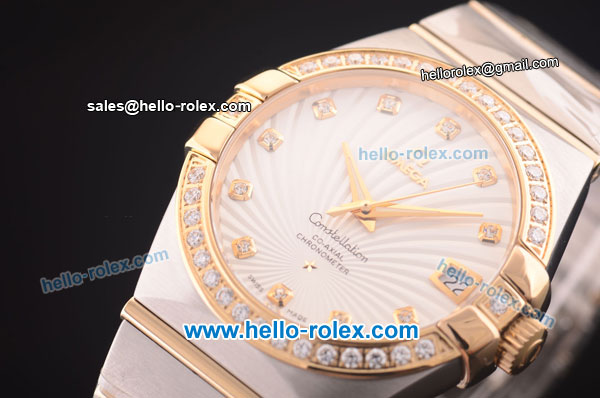 Omega Constellation Co-Axial Swiss ETA 2824 Automatic Steel Case with Yellow Gold/Diamond Bezel and White Stripy Dial-Diamond Markers - Click Image to Close