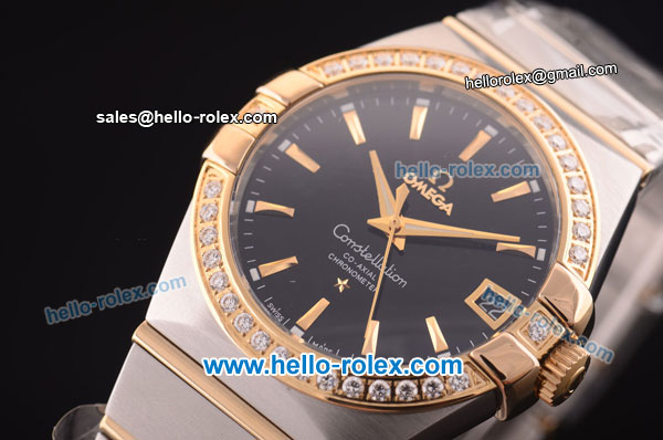 Omega Constellation Co-Axial Swiss ETA 2824 Automatic Steel Case with Yellow Gold/Diamond Bezel and Black Dial-Yellow Gold Markers - Click Image to Close
