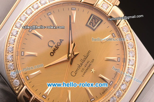 Omega Constellation Co-Axial Swiss ETA 2824 Automatic Steel Case with Yellow Gold/Diamond Bezel and Yellow Dial-Yellow Gold Markers - Click Image to Close