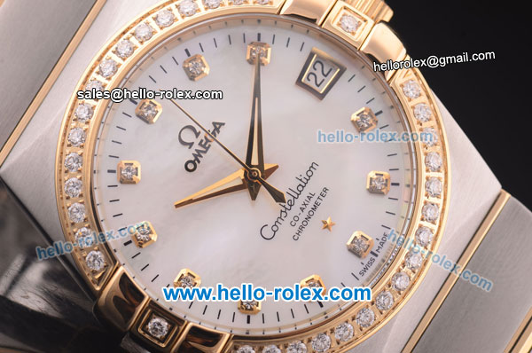 Omega Constellation Co-Axial Swiss ETA 2824 Automatic Steel Case with Yellow Gold/Diamond Bezel and White MOP Dial-Diamond Markers - Click Image to Close