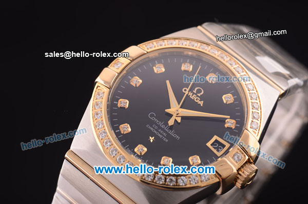Omega Constellation Co-Axial Swiss ETA 2824 Automatic Steel Case with Yellow Gold/Diamond Bezel and Black Dial-Diamond Markers - Click Image to Close