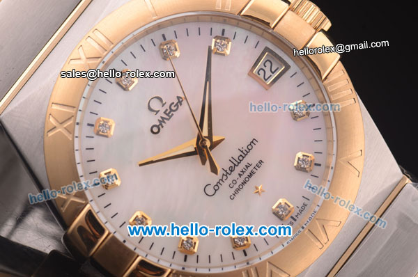 Omega Constellation Co-Axial Swiss ETA 2824 Automatic Steel Case with Yellow Gold Bezel and Diamond Markers-White MOP Dial - Click Image to Close