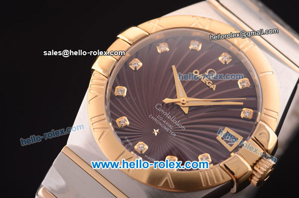 Omega Constellation Co-Axial Swiss ETA 2824 Automatic Steel Case with Yellow Gold Bezel and Diamond Markers-Brown Stripy Dial - Click Image to Close