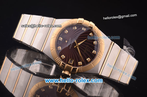 Omega Constellation Co-Axial Swiss ETA 2824 Automatic Steel Case with Yellow Gold Bezel and Diamond Markers-Brown Stripy Dial - Click Image to Close